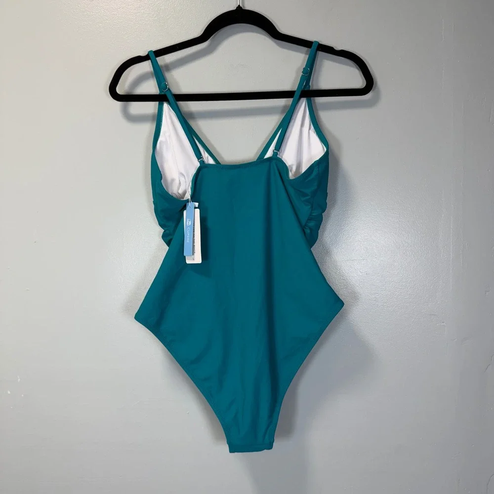 Cupshe Teal Ruched V-Neck One Piece Swimsuit Adjustable Straps NWT Large‎